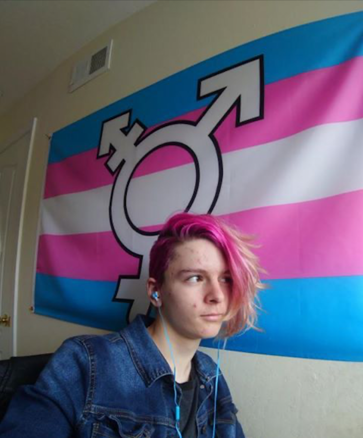 Sophomore Brooke Frei sits in front of her trans pride flag.