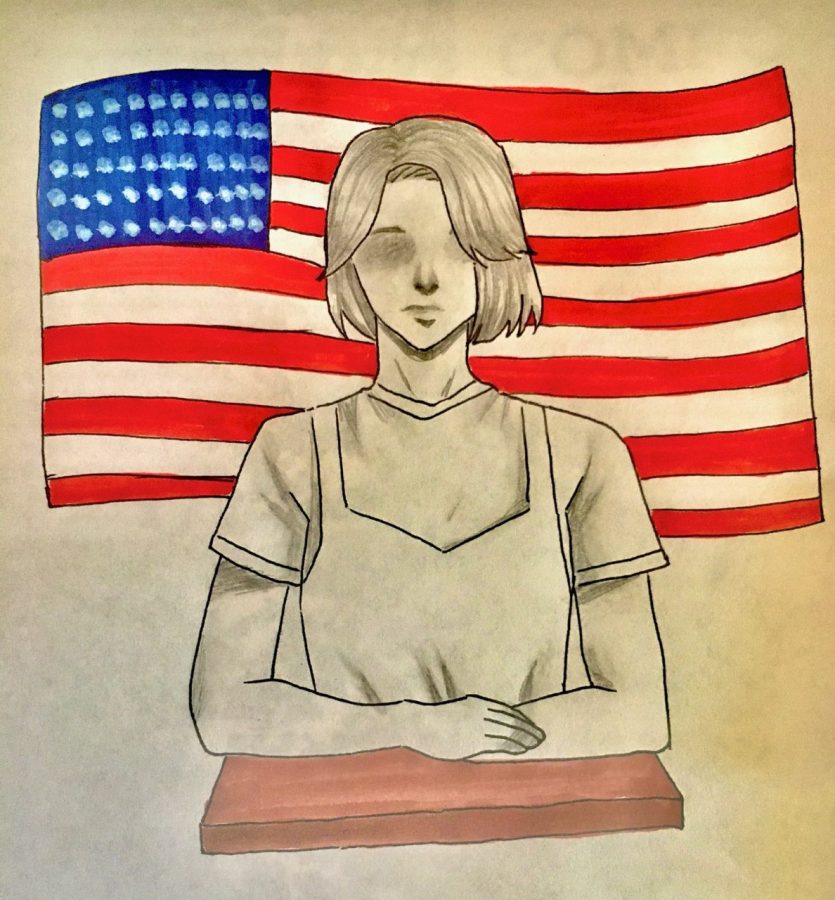Illustration+of+a+girl+sitting+in+front+of+the+American+flag