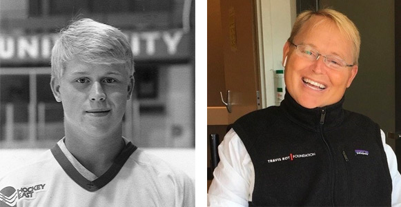 Travis Roy (left) as a young hockey player at Boston University. Roys injury occurred 11 seconds into his college hockey career and caused his paralyzation. Roy (right) living a happy and positive live after his injury. 