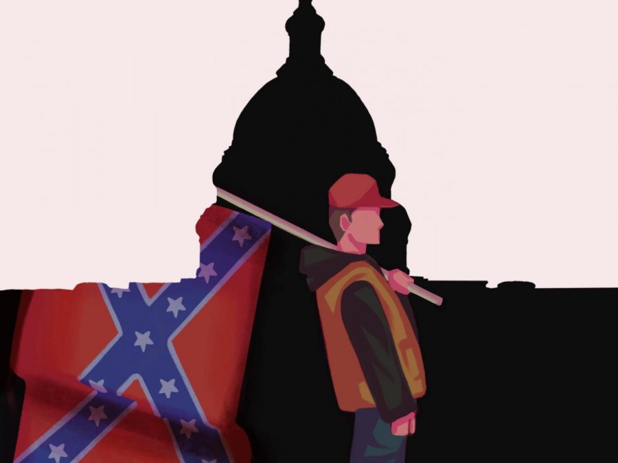One+participant+in+the+mob+paraded+through+the+United+States+Capitol+building+while+carrying+the+Confederate+flag.