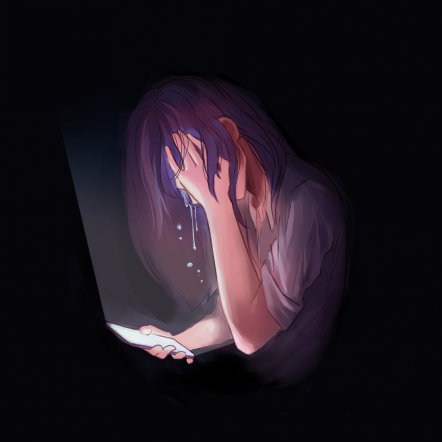 Illustration of a girl crying  while on the phone | By Sophia Ma 