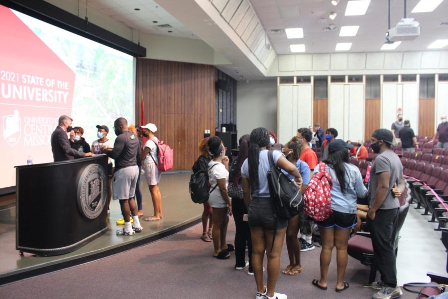 Students gather to discuss issues and concerns with University of Central Missouri President Roger Best after the State of the University Address on Sept. 16 at the W.C. Morris Science Building Nahm Auditorium.