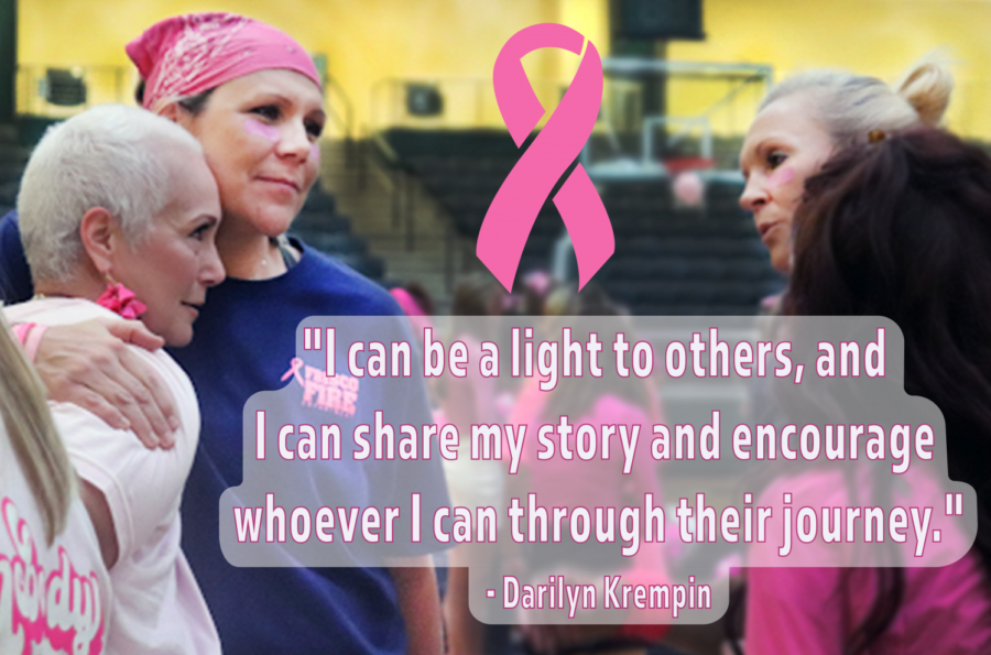 Talking to teachers Natalie Merrill and Jenny Mills, anatomy and physiology teacher Darilyn Krempin hugs Prestonwood Baptist Church member and teacher Holly Hollingsworth-Ervin in a digitally constructed image by senior Soomin Chung. Mills, Krempin and Hollingsworth-Ervin are breast cancer survivors and were honored at the pep rally. When I heard the word cancer – in the same sentence with my name – it stops you in your tracks, Krempin said. And, you start immediately thinking. You start realizing what really becomes important. It made me realize that I need to spend more time with my kids. I needed to spend more time with my friends and family. They needed to know how grateful I was for them and how much I love them. (Digital constructed image by Soomin Chung, photo by Amanda Hare).
