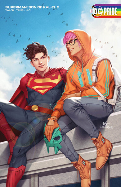 In the variant cover for “Superman: Son of Kal-El” %235, Jon Kent (left) glances toward Jay Nakamura (right) as the two share a moment alone on a rooftop. Kent saved the life of budding activist and journalist Nakamura during an attempted college campus shooting, which initiated the friendship and eventual romance between the pair.