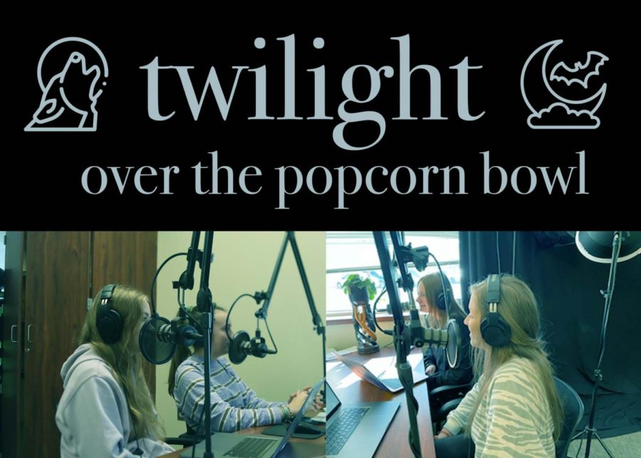 Featuring the blue filter shown in the Twilight movie, a digitally constructed image shows seniors Alyssa Clark, Christi Norris, Gabriella Winans and Amanda Hare at the podcast table. The students reviewed the Twilight saga for the fifth episode of their Over the Popcorn Bowl podcast. They reviewed Twilight in honor of its Nov. 21 release date 13 years ago. (Photos by Caitlyn Richey, digitally-constructed image by Amanda Hare, icons courtesy of Andrew Horvath and Freepik.)