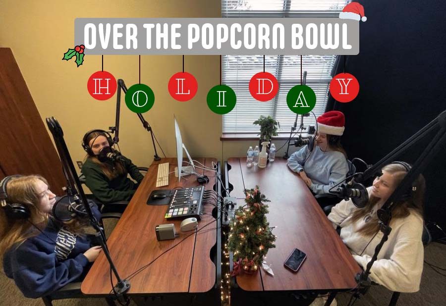Around the podcast table, seniors Christi Norris, Alyssa Clark, Gabriella Winans and Amanda Hare record episode six of their Over the Popcorn Bowl podcast. In the podcast series, they discuss and review movies. In this episode, they shared their favorite holiday movie and popular holiday movies. (Photos by Kalyani Rao, digitally constructed image by Amanda Hare, icons courtesy of Vectors Market and Pixel Perfect).