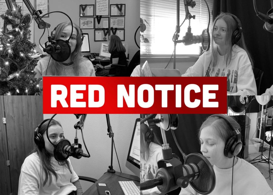 With the movie title Red Notice, seniors Alyssa Clark, Amanda Hare, Christi Norris and Gabriella Winans sit around the podcast table. They recorded the fifth episode of their Over the Popcorn Bowl podcast. In this episode, they discussed the new movie Red Notice which starred Dwayne The Rock Johnson, Gal Gadot and Ryan Reynolds. (Photos by Caleb Audia, digitally constructed image by Amanda Hare)