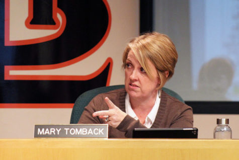 Former School Board chair Mary Tomback suggests alternate schedule options for the 2020-2021 and 2021-2022 school years during the school board meeting Jan. 27, 2020 in C350. Tomback and other School Board members recently met to discuss potential options for distance learning as COVID-19 rates rise.
