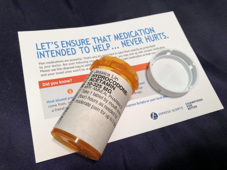 A+prescription+pill+bottle+for+hydrocodone+and+a+flyer+that+warns+of+opioids+dangers.