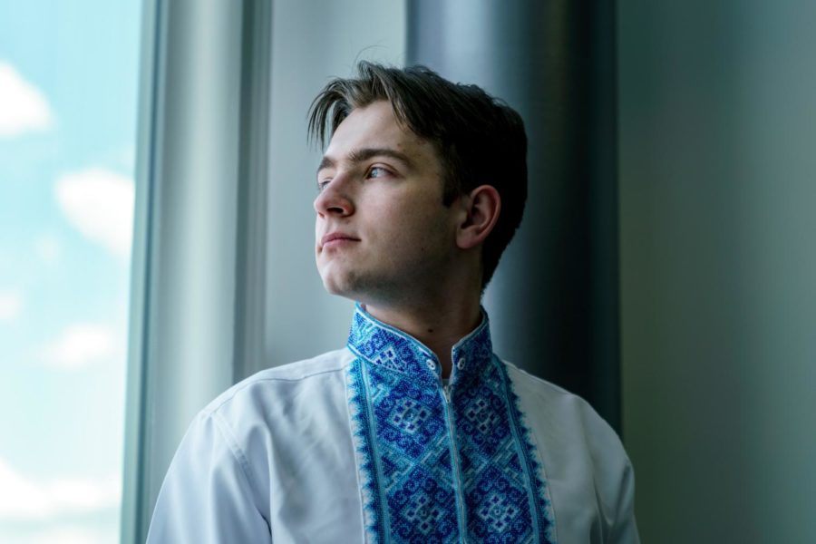 Vasyl Yurkuts, an international student from Ukraine, wearing a traditional Ukrainian Vyshyvanka.