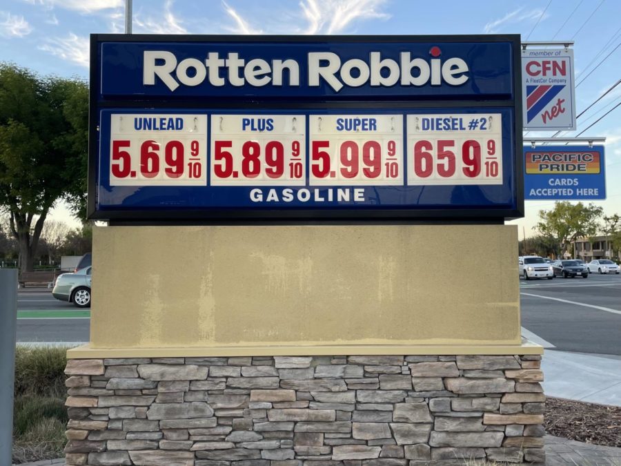A Rotten Robbie gas station sign displays the increased prices for gas in San Jose, California, on March 25. Californias current average gas price is .689 and had a price peak on March 29 at .919.