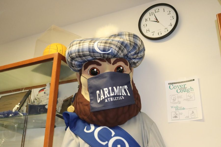 Monty, the longtime mascot of Carlmont High School, sits in the administration office.