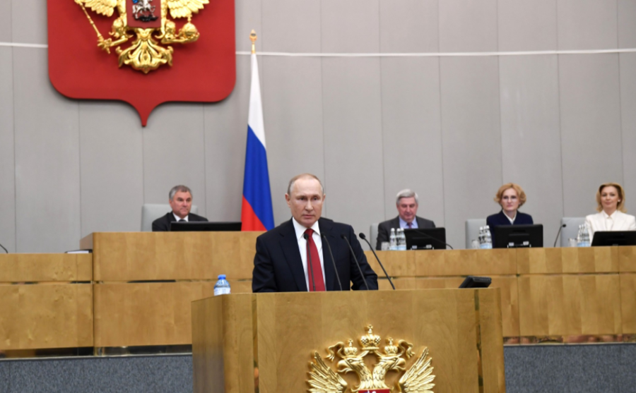 Vladimir Putin addressing a session of the state legislature on amendments to the Constitution. 