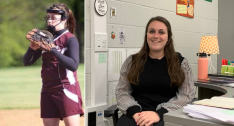 Then and Now: Fasolo’s career in softball led her to the English teaching position she has now at the Altoona Area High School. Left: Fasolo pitching during an AAHS away game (Photo courtesy of Alyssa Fasolo); Right: Fasolo posing at her desk in her classroom (Photographer: Melissa Krainer).