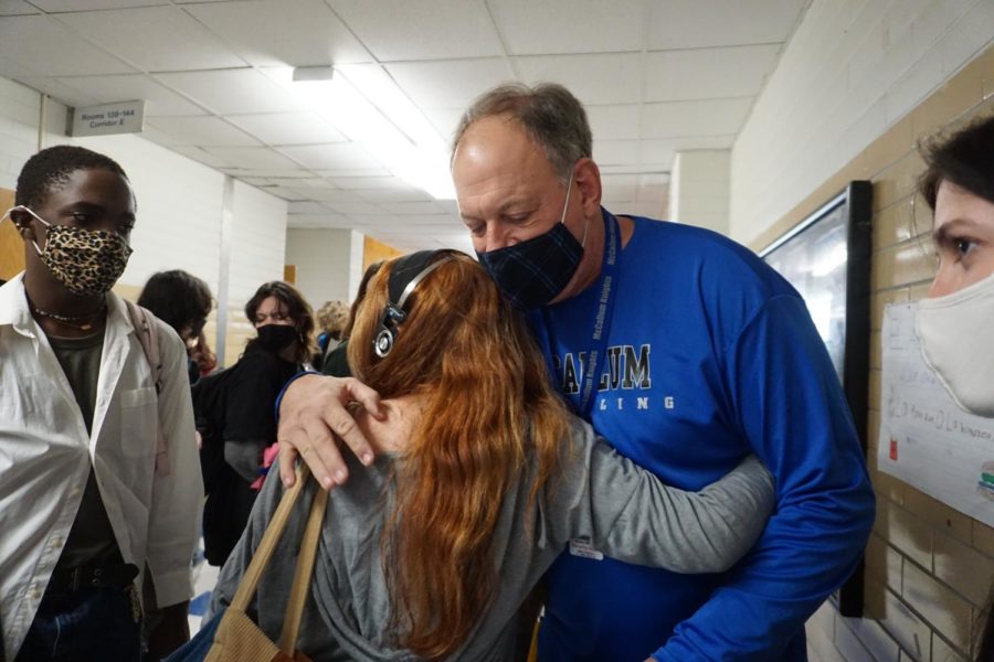 Student greet security officer Bob Bedard to say their farewells and thank-yous at the end of seventh period today. Bedard is taking medical leave from Mac in order to return home to Chicago to care of his 94-year-old mother, who is ill.