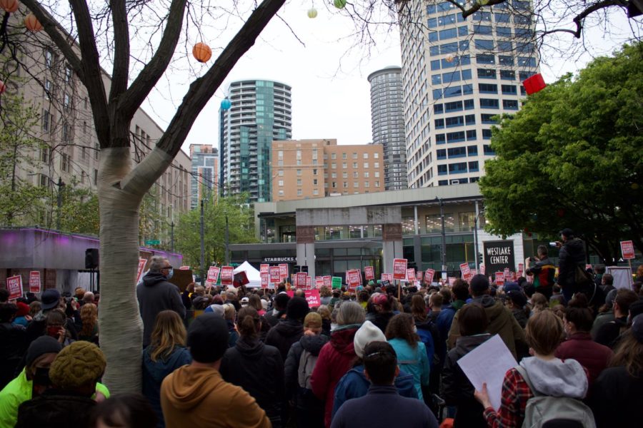 Many abortion rights activists attended a rally near downtown at the Westlake Center this past week to protest the Supreme Courts decision to overturn Roe v. Wade. (Carlos Snellenberg-Fraser)