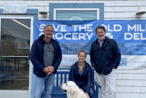 Jim Hood, Ian Warburg and Emily Ashken Zobl ’12, three founding members of  Save the Old Mill Grocery and Deli pose after raising over a million dollars for the cause. 