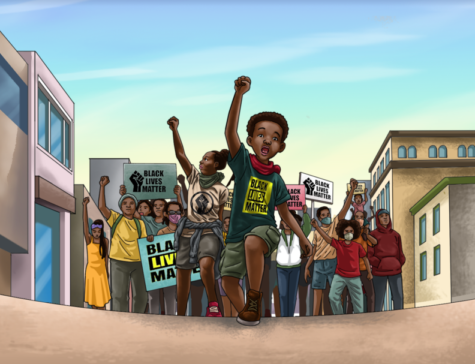 The front cover of And The People Carried Signs features a pre-teen boy protesting in a Black Lives Matter protest while he gets in involved in conversations regarding race through his eyes. The childrens book was written by Dr. LaTisha Smith, MHS parent, who decided to write this after getting inspired from being an educator for more than twenty years and witnessing protests. 