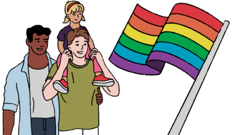 An illustration depicts a same-sex couple with a child, celebrating Pride Month together. Approximately 114,000 same-sex couples are currently raising children in the U.S., according to the UCLA School of Law Williams Institute.