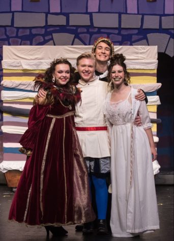 WVHS students pose after a performance of Once Upon a Mattress. From left to right: Lizzie Hall as Mystic Old, Chance Kirk as Prince who grows on you over time, Wyett Butler as Comedic Relief, and Claudia Molatore as Smart Princess in need of husband. 