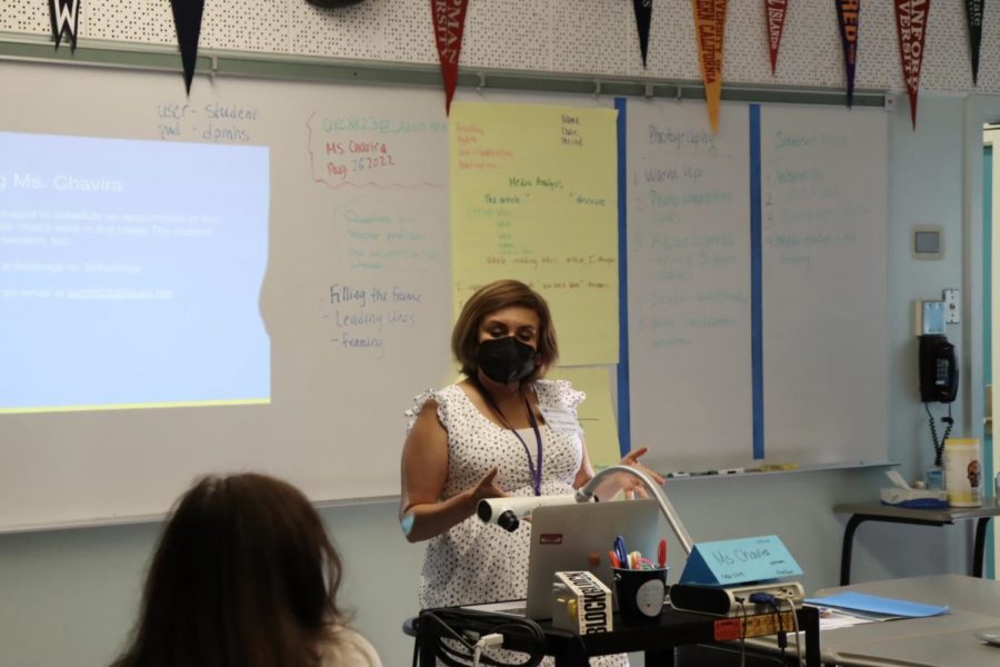 Journalism teacher Adriana Chavira speaks to students and parents at Back to School Night on Aug. 25.