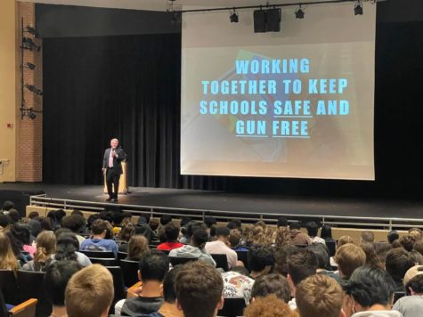 State’s Attorney John McCarthy speaks at a high school gun education assembly. MCPS partnered with the Montgomery County Police Department (MCPD) and prosecutors from the Montgomery County State’s Attorney’s Office as part of its latest initiative to tackle gun violence in schools. 