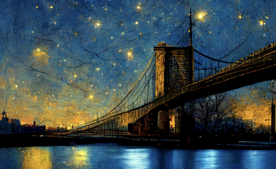 Senior columnist Elliot Serure prompted an AI art generator to create this picture by requesting  “Van Gogh’s 'Starry Night' but with the Brooklyn Bridge.”