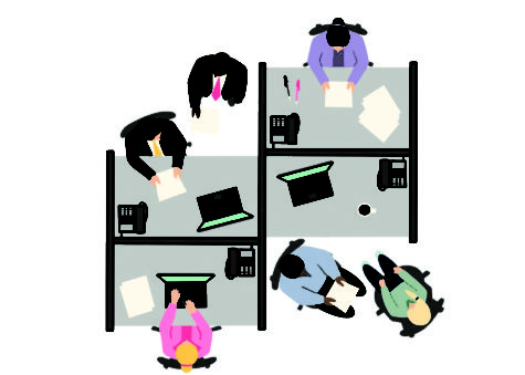 An illustration depicts teachers seated in their office cubicles doing work.