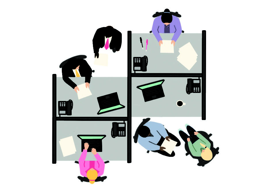 An+illustration+depicts+teachers+seated+in+their+office+cubicles+doing+work.