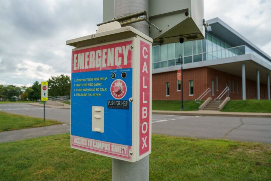 Emergency call box located in the parking lot front of Bull Hall.
