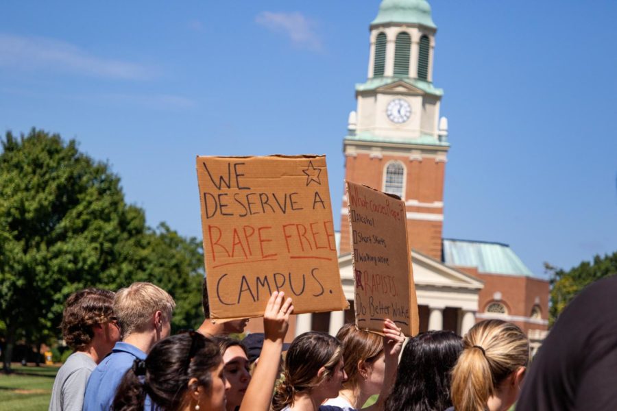 Students march around Hearn Plaza at an Aug. 28, 2021 protest concerning sexual violence.