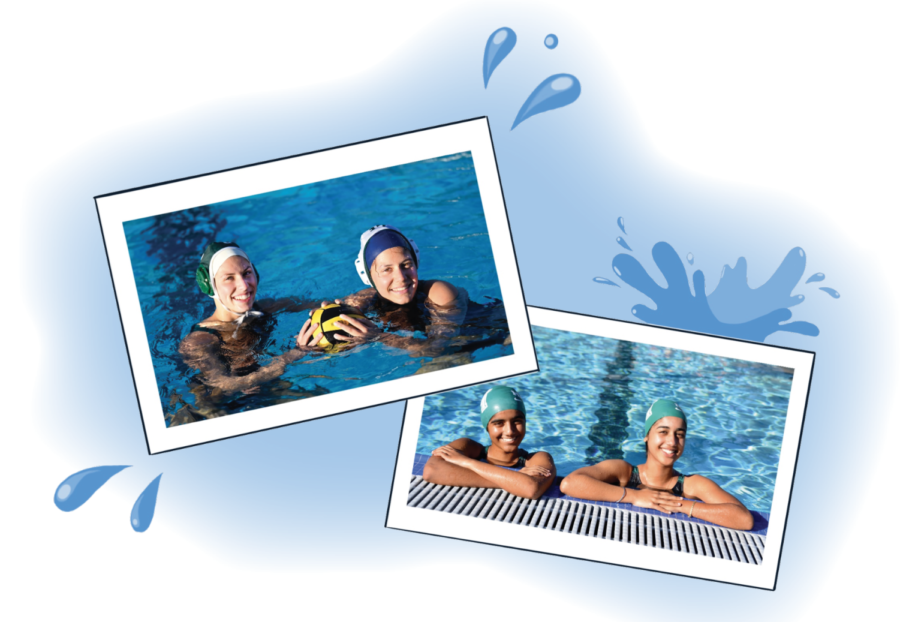 Sisters pairs Summer Adler (10) and Sydney Adler (12) and Jasmine Hansra (9) and Jasleen Hansra (12) pose together in the swimming pool. Both pairs of sisters play together on Harker's girls water polo team.