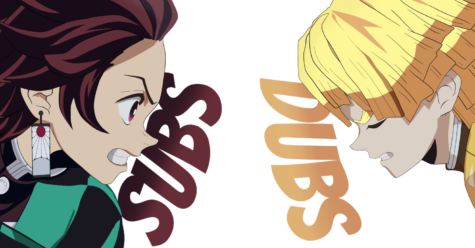 An illustration of the debate between subtitles and dubs for foreign language film, represented by Japanese anime characters Tanjiro Kamado and Zenitsu Agatsuma from Demon Slayer. Often, fans of foreign shows take a strong stance on one or the other for their optimal viewing experience.