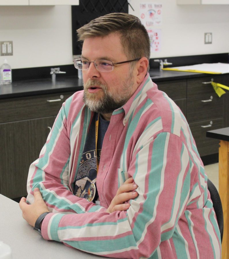 In room 1603 during Cardinal Hour, student-teacher Stephen Shadle describes his college experience with astronomy. "I went to grad school and got a master's in physics," Shadle said. "We had a class in astrophysics that covered a lot of the topics that we cover, and I use a lot of the slides from my classes."