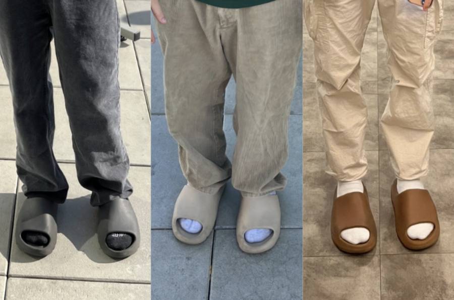 MERCH: From left to right, Kai Belhassen, Alfie Drucker and Adam Westerman wore Kanyes Yeezy Slides at school last week. Out of 20 students  surveyed who have them, 11 said theyd stopped wearing them because of the rappers antisemitic tweets.