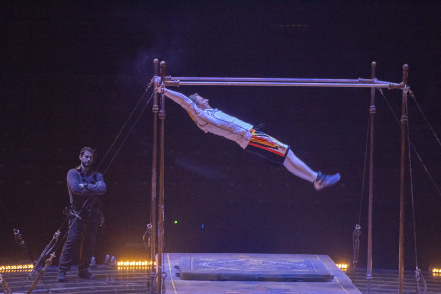 An artist warms up for “Tournik,” the last act of Corteo, part of the 2023 Cirque du Soleil tour at the DCU Center. 