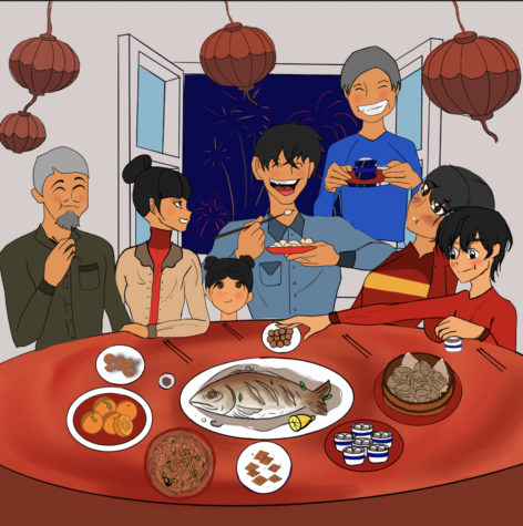 A family happily eating dinner together on Lunar New Year night. 