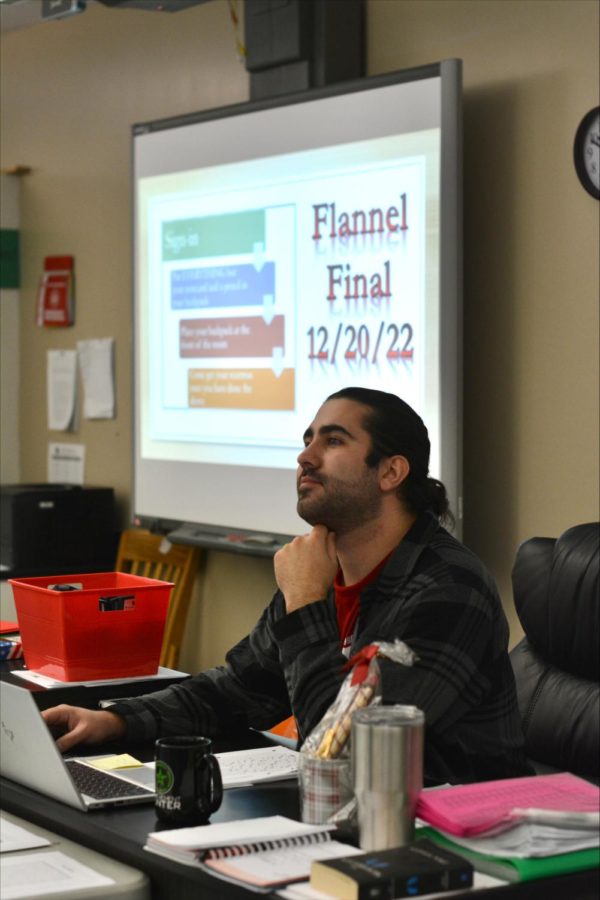 Goosherst wears his favorite flannel on Tuesday's Flannel Final, where he records the number of flannel pieces his students wear for each of his classes. The winning class period gets to boast its title.
