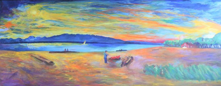 "Warm Spirit Brings Light...Golden Gardens," (2000) was painted by Ballard alum Joe Reno. This piece is a reference to teenage love and Golden Gardens.