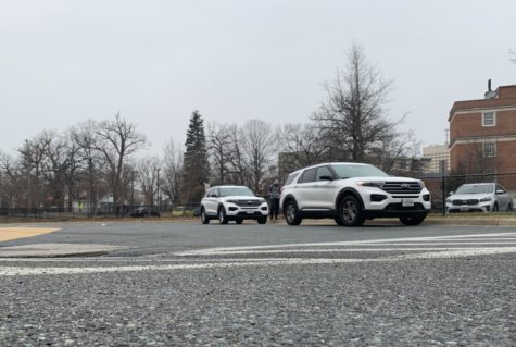 Two security vehicles were parked in front of RM’s main entrance on Wednesday, Jan. 25.