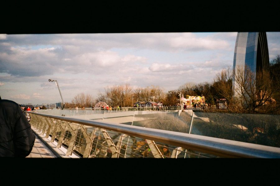 View of The Arch of Freedom of the Ukrainian People from the Glass Bridge in Kyiv.