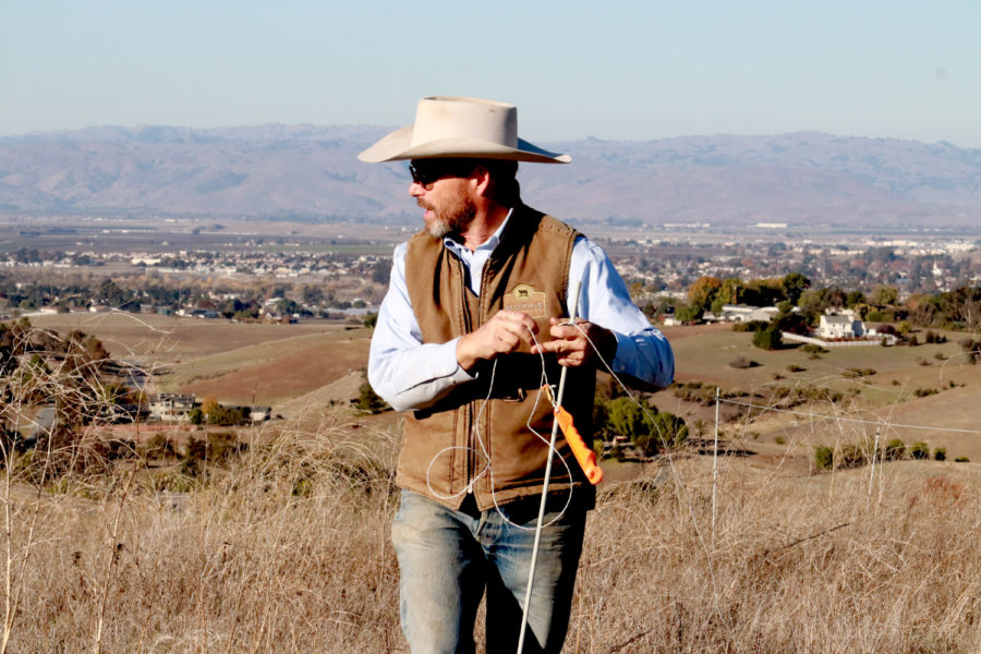 Joe Morris rearranges part of his electric fence to keep the cattle in their pasture.