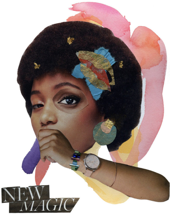 The collage "New Magic" is a part of Lory Ivey Alexander's collection, “black womanhood collage series: learning to take up space & divine within.” It features cutouts of Black women plucked from magazines.