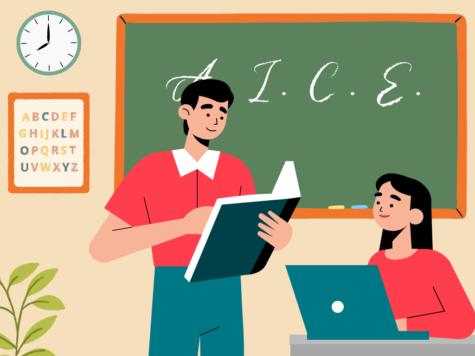 A student and teacher in a classroom for a new A.I.C.E. class. Graphic developed on  Canva.