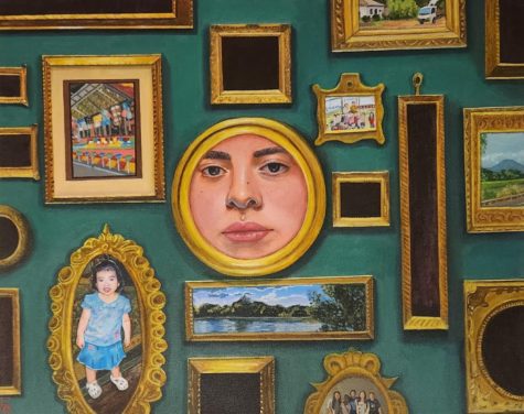 Senior Elisa Arbaizas says she received inspiration for this state-qualifying piece, Golden Frames, by walking through an art museum. Looking through the lens of someone else walking the exhibit, Arbaiza wants to show her life from a different point of view. With this piece, I wanted to show how I’ve held onto past good memories and successes, comparing my present self to my past, Arbaiza said. The images are memories from my past, and I also emphasize the empty frames, representing the future. I have always referenced past good experiences and how they made me more scared of getting older and facing adulthood. With this painting, I wanted to show a personal struggle I have dealt with while allowing others to find relatability in my artwork.