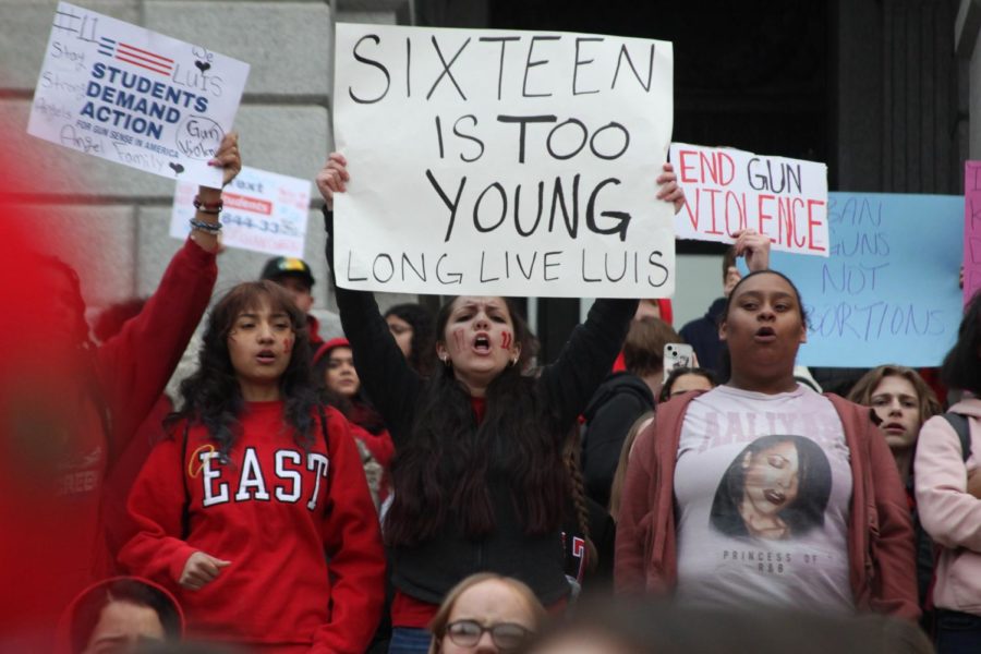 Denver East High School students chant "Luis Garcia, say his name!" on the west steps of the Capitol. Garcia, 16, an East student, died March 1 after being shot outside his school on Feb. 13. “I hope that we can start to see that students are safe and that nothing has to happen, for example, to such a good kid that Luis was," said East senior Wesley Krebs, a soccer teammate of Garcia's.
