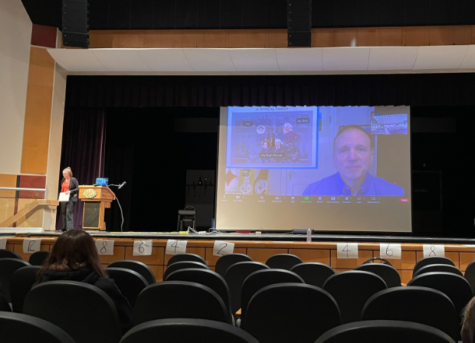 Holocaust survivors son Dan Ottenheimer presents to students via Zoom in the BHS auditorium.