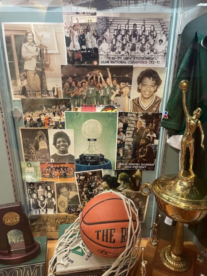 A collage of historical pictures from legendary Delta State women’s basketball teams that includes Harris. This one of the few physical pieces of memorabilia recognizing her. 