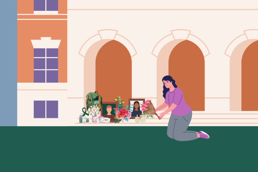 Graphic depicting a memorial for victims of a campus shooting (Hustler Multimedia/Lexie Perez).