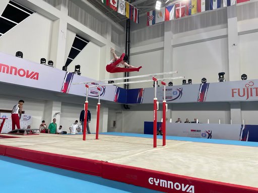 Junior Kai Uemura competes on the parallel bars at the Junior World Championship in Antalya, Turkey.